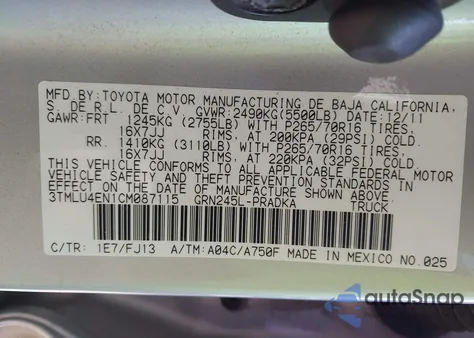 2012 Toyota Tacoma Base V6 z USA, uszkodzony, nr VIN 3TMLU4EN1CM087115